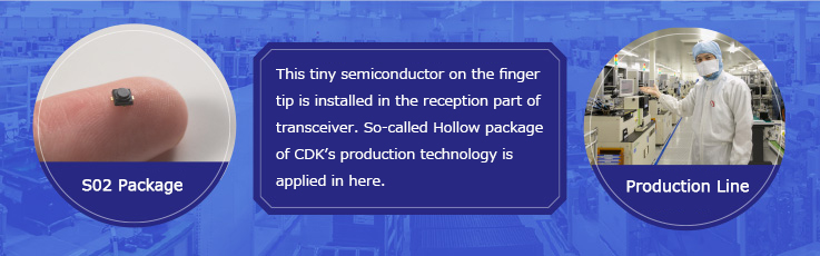 This tiny semiconductor on the finger tip is installed in the reception part of transceiver. So-called Hollow package of CDK's production technology is applied in here.